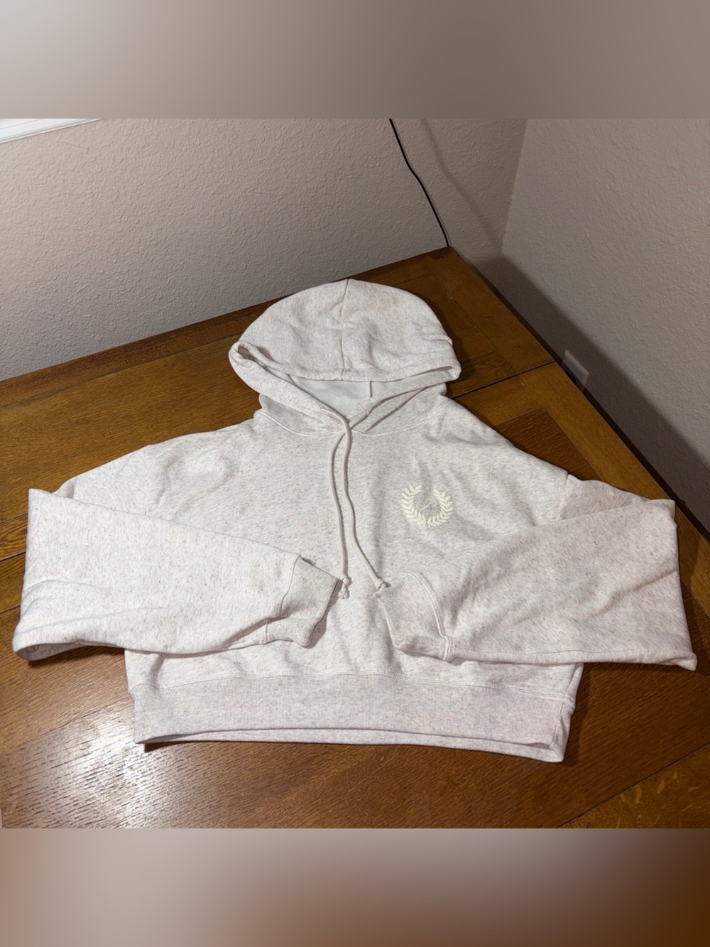 PINK XS Victoria's Secret Cropped Hoodie Sweatshirt In Heather Oatmeal